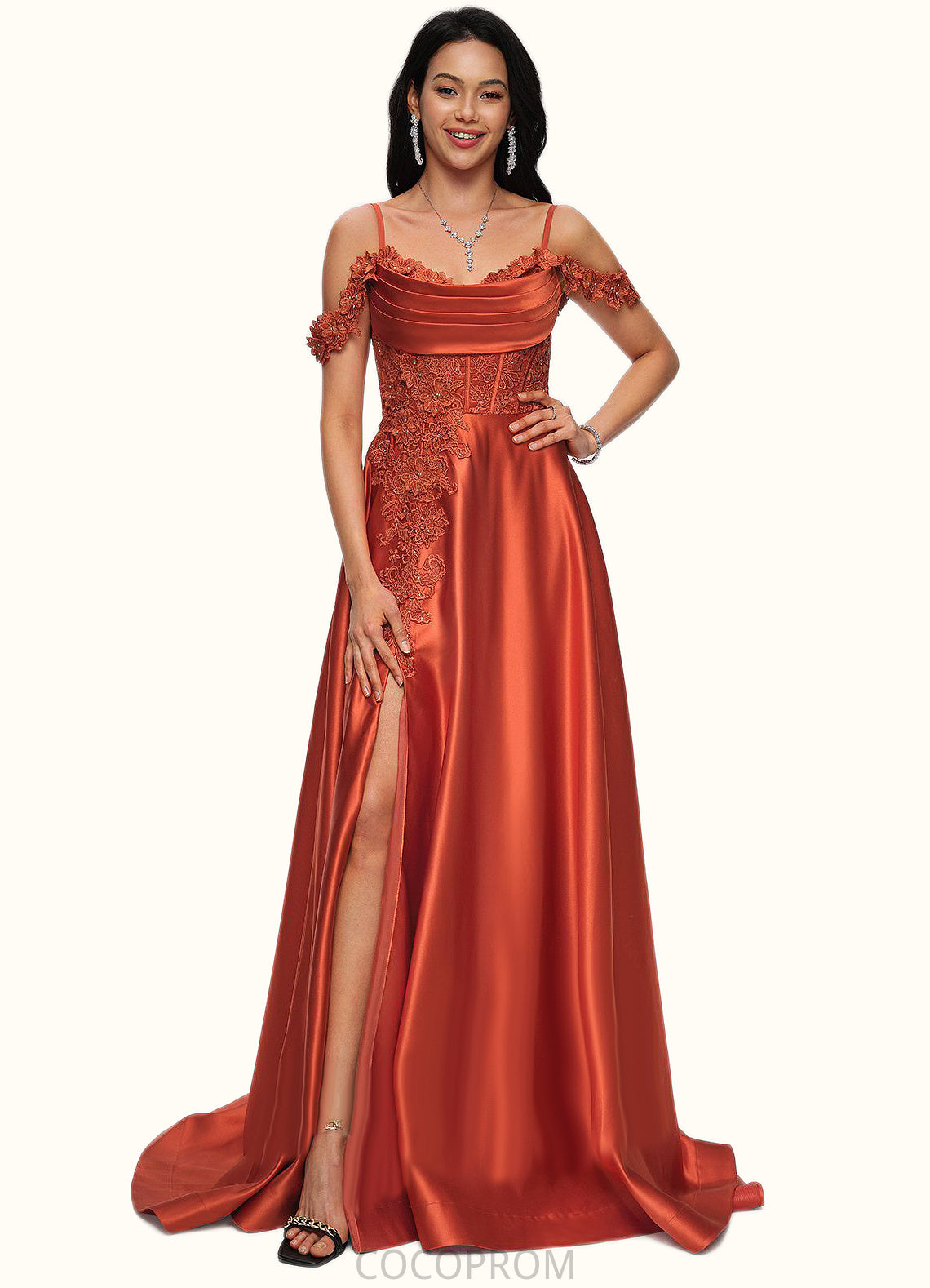 Theresa A-line Off the Shoulder Sweep Train Satin Prom Dresses With Rhinestone DBP0022208
