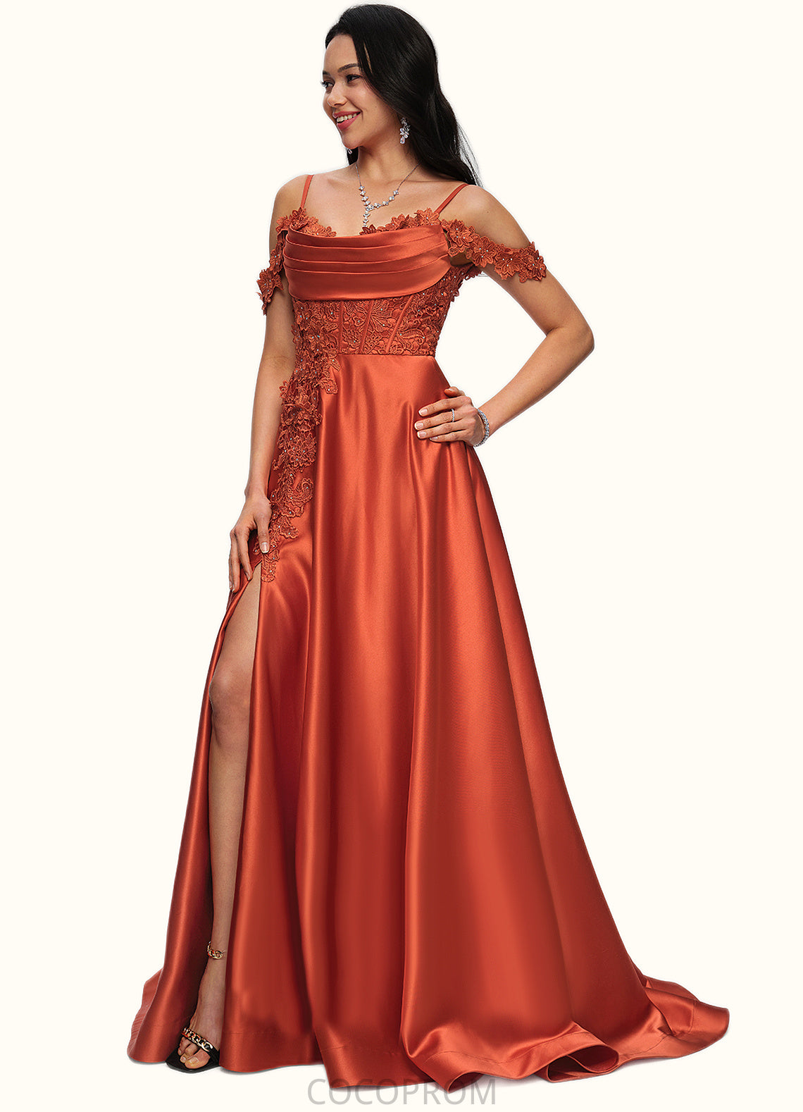 Theresa A-line Off the Shoulder Sweep Train Satin Prom Dresses With Rhinestone DBP0022208
