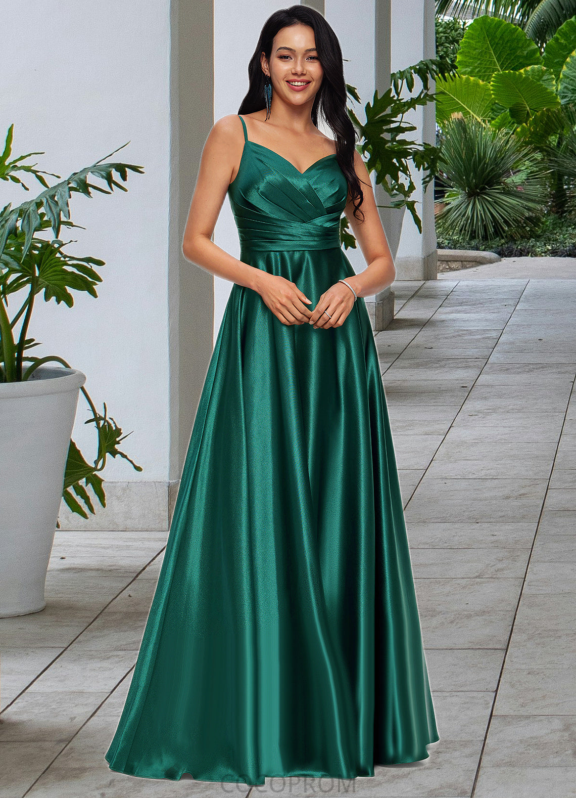 Liz A-line V-Neck Floor-Length Stretch Satin Prom Dresses DBP0022211