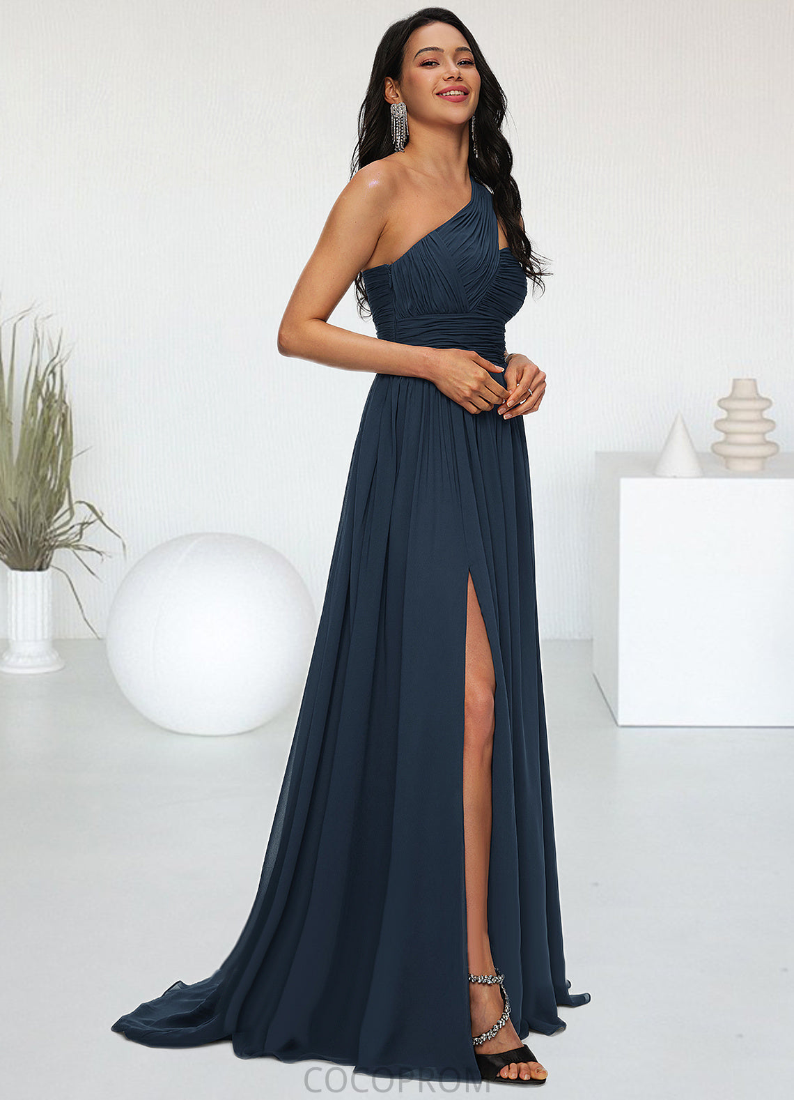Charlee A-line Asymmetrical Sweep Train Chiffon Prom Dresses With Pleated DBP0022212