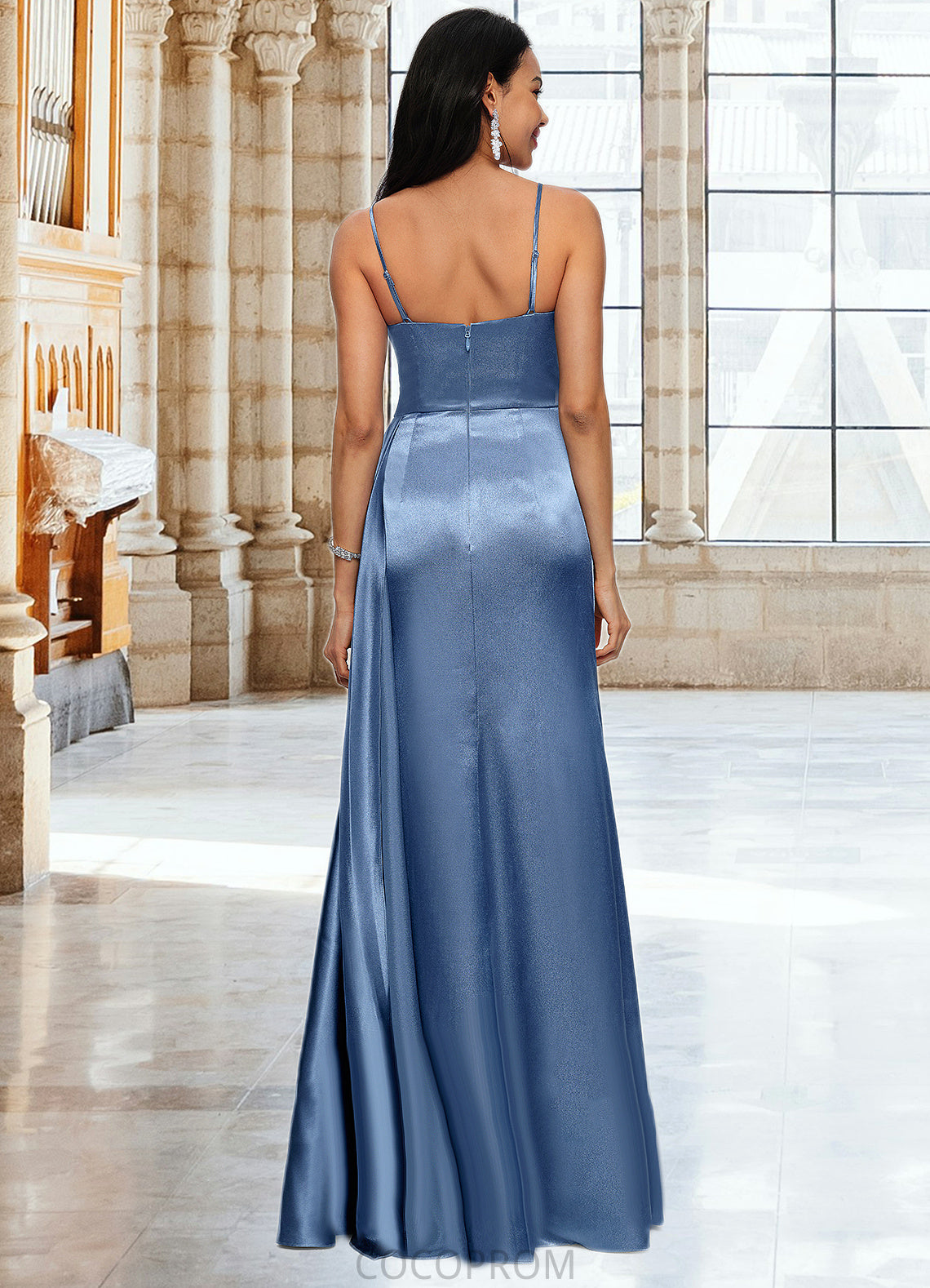 Rose Sheath/Column V-Neck Floor-Length Stretch Satin Prom Dresses With Pleated DBP0022214