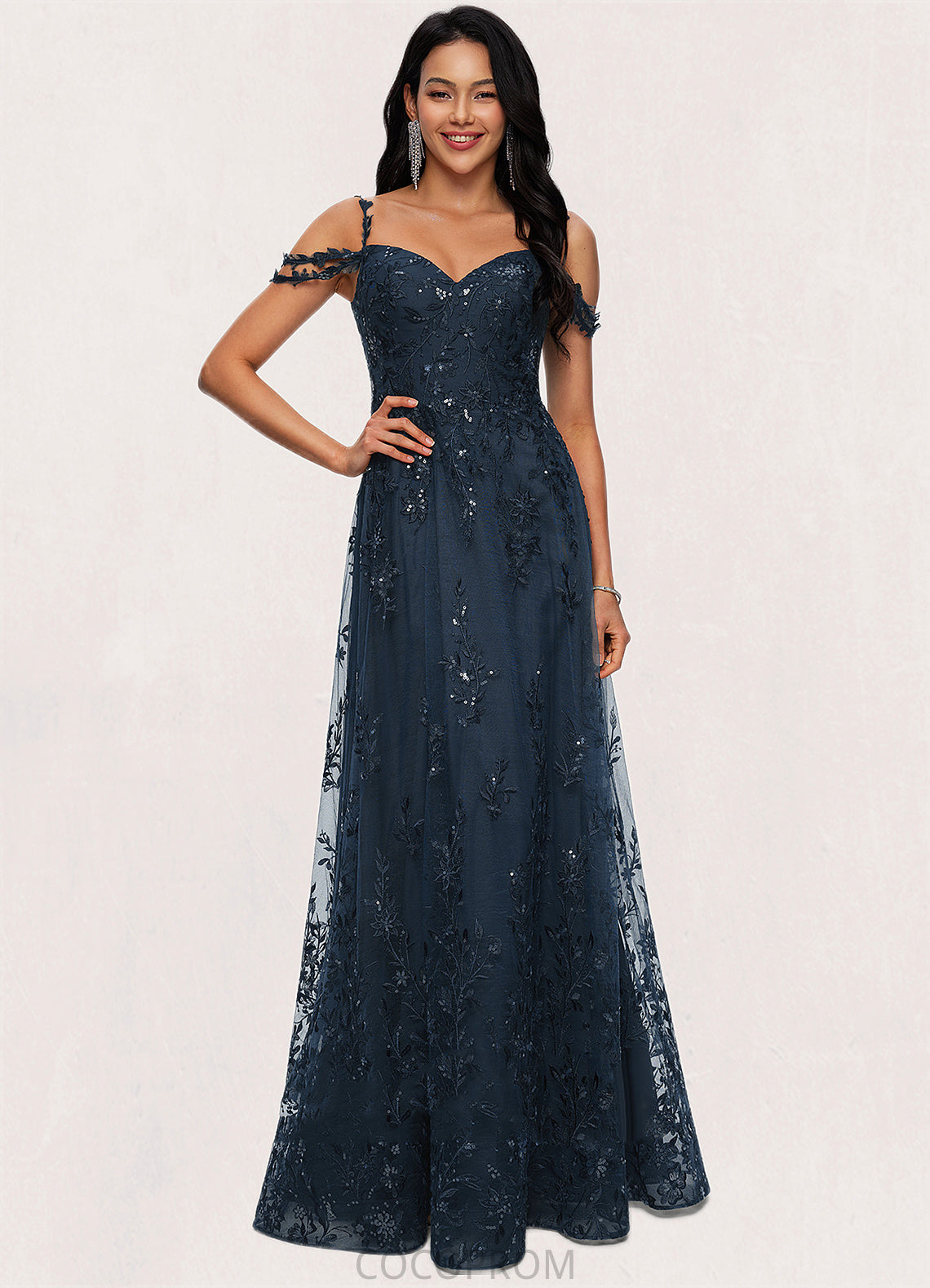 Rosalind A-line V-Neck Floor-Length Lace Prom Dresses With Sequins DBP0022222