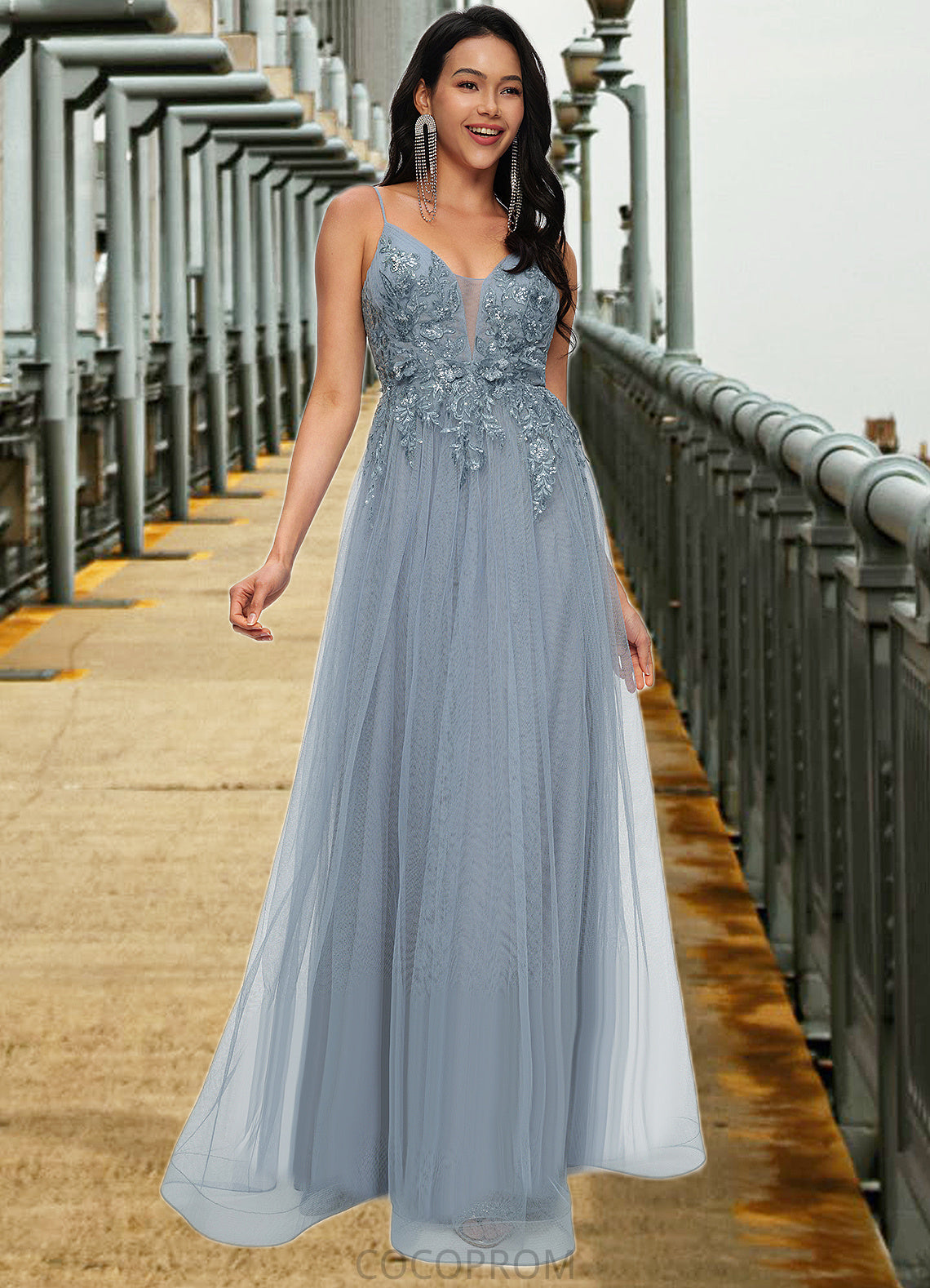 Hadassah A-line V-Neck Floor-Length Tulle Prom Dresses With Appliques Lace Sequins DBP0022223