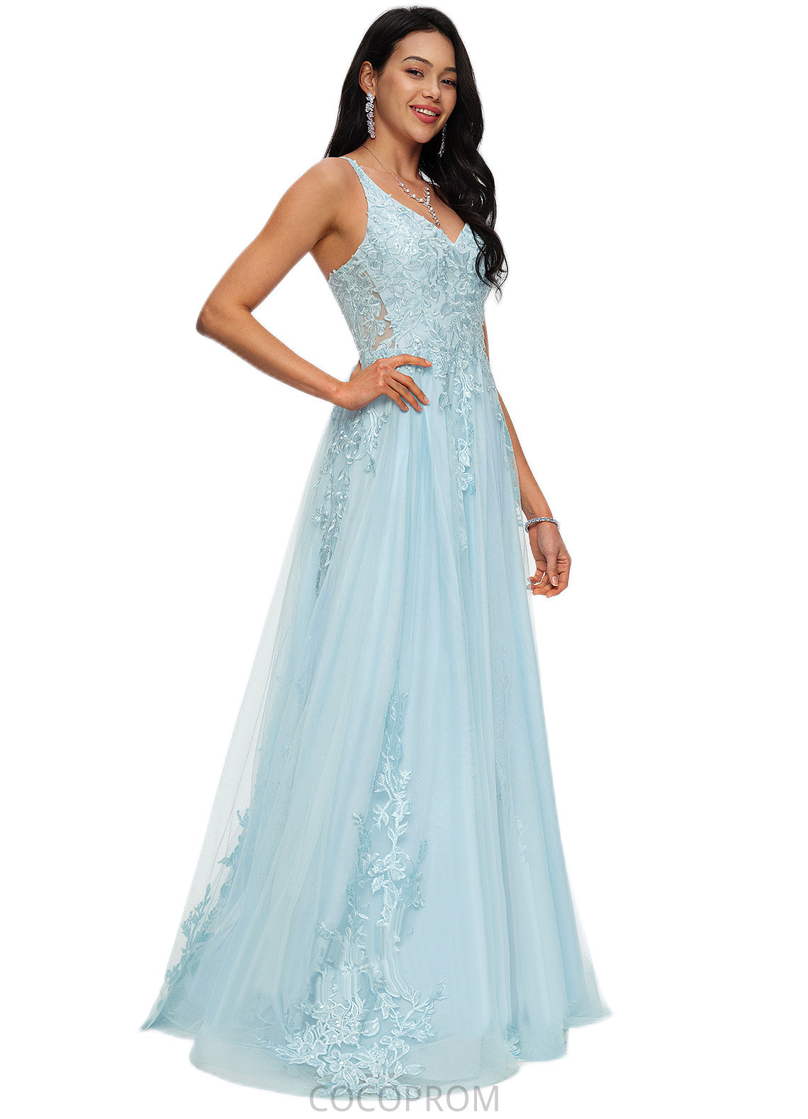Florence A-line V-Neck Floor-Length Tulle Prom Dresses With Rhinestone Appliques Lace Sequins DBP0022225