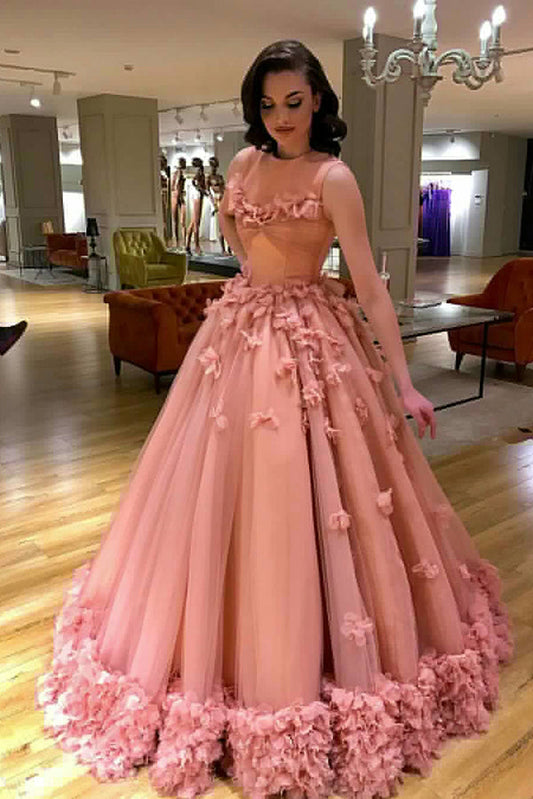 Gorgeous Long Prom Dresses Sleeveless Ball Gown with Flower Appliques