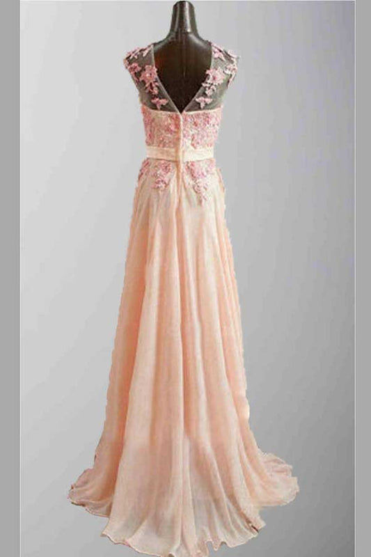 Pink A Line Sweep Train Sheer Neck Sleeveless Appliques Prom Dresses