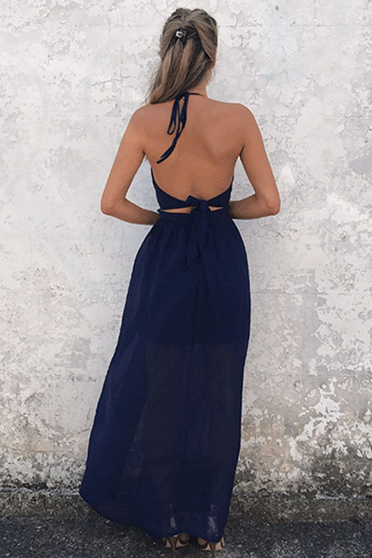 Navy Blue A Line Floor Length Halter Sleeveless Backless Side Slit Prom Dresses