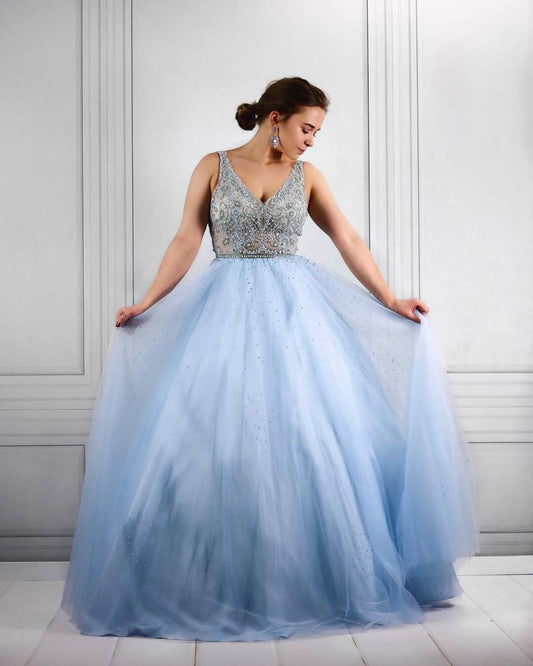 Elegant Sky Blue Sleeveless Party Gown with Beading Top Prom Dresses