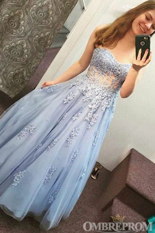 Elegant Strapless Sweetheart Blue Prom Dresses with Appliques