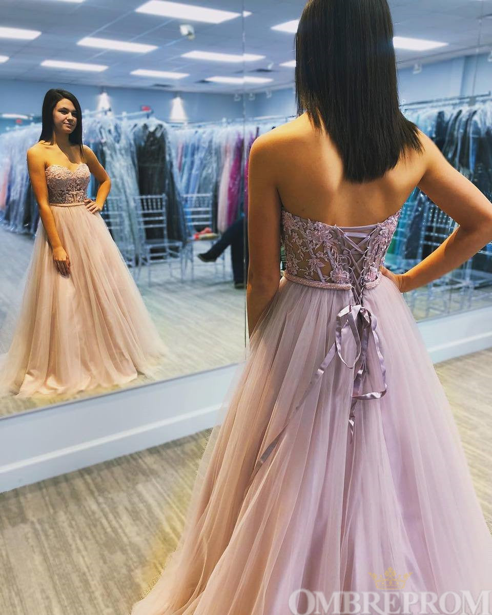 Flossy Strapless Sweetheart Lace Up A Line Tulle Prom Dresses