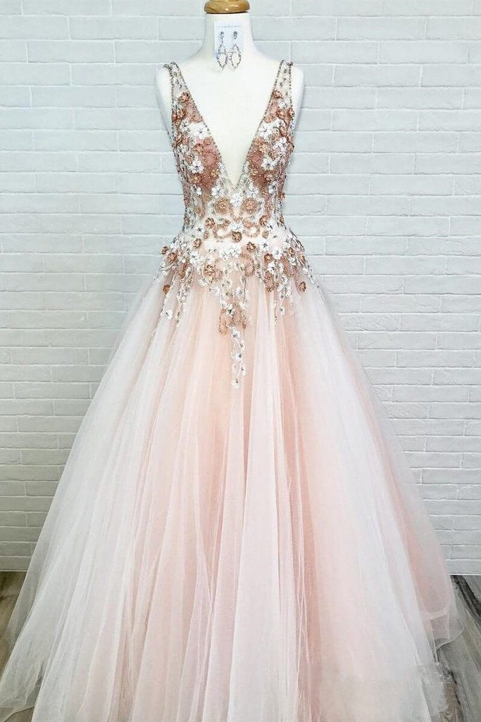 Gorgeous Backless Tulle Deep V Neck Appliques Prom Dresses with Beaded