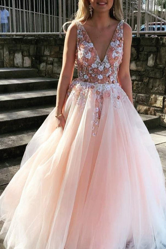 Gorgeous Backless Tulle Deep V Neck Appliques Prom Dresses with Beaded