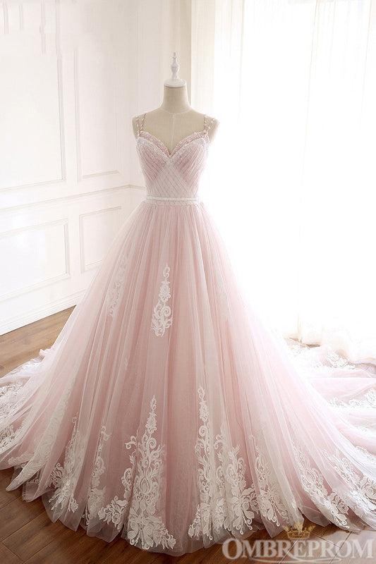 Light Pink Spaghetti Straps Sweetheart Tulle Ball Gown Beaded Prom Dresses