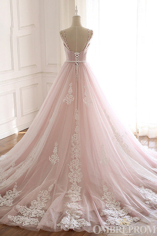 Light Pink Spaghetti Straps Sweetheart Tulle Ball Gown Beaded Prom Dresses