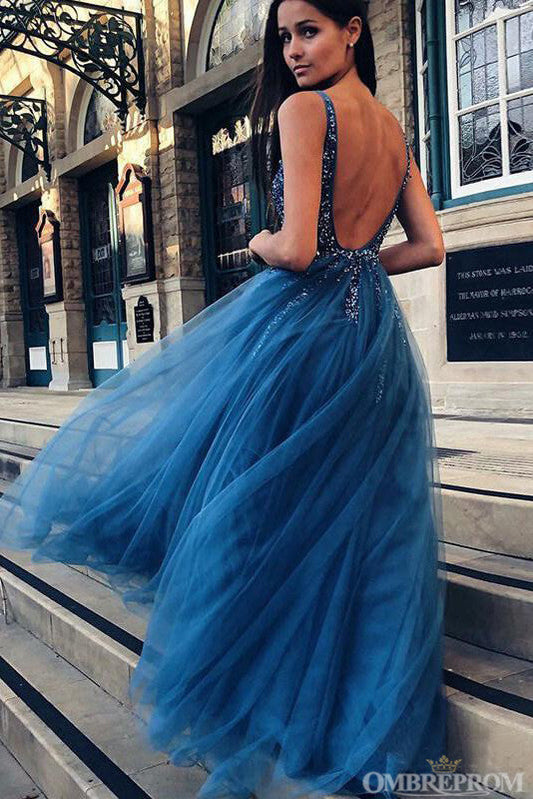 Simple Deep V Neck Party Gown Sleeveless Tulle Prom Dresses with Beaded