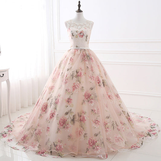 Charming Tulle Round Neck Lace Up Back Ball Gown Long Prom Dresses