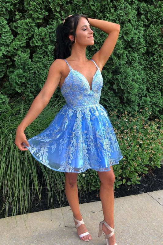 -Up Bailey Homecoming Dresses Lace Sequined Sky Blue With Flowers CD16431