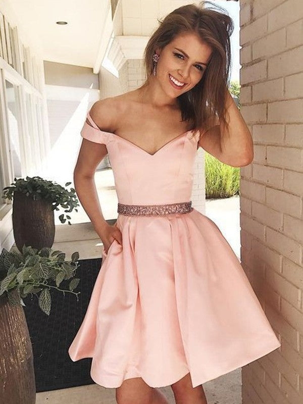 A-Line/Princess Sleeveless Homecoming Dresses Satin Lucille Off-The-Shoulder Beading Short/Mini Dresses