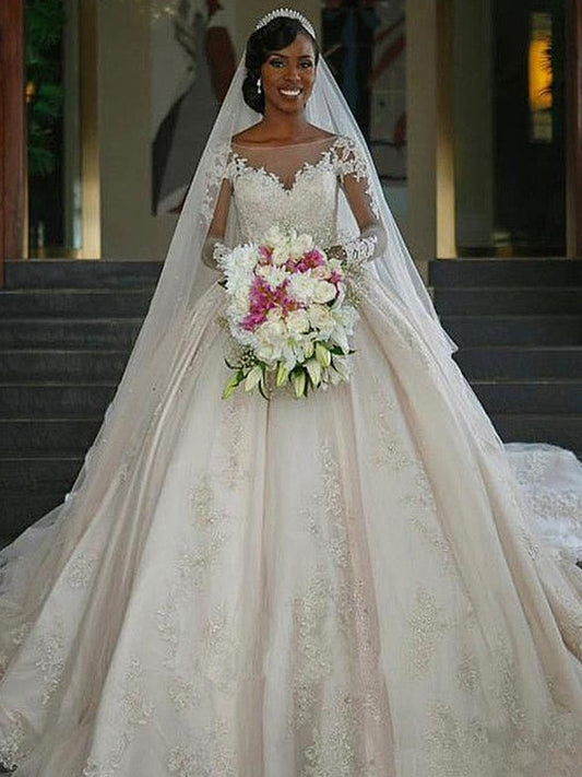Ball Gown Bateau Long Sleeves Sweep/Brush Train Applique Satin Wedding Dresses HEP0006453