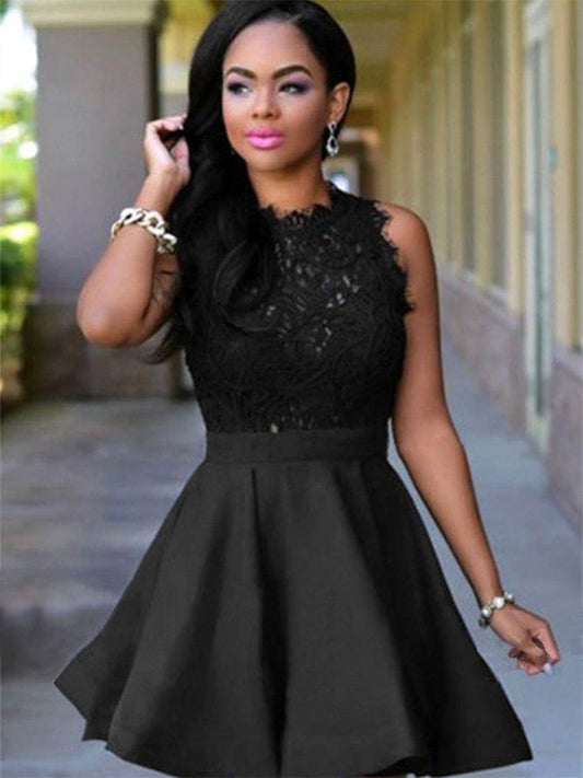 A-Line Lace Homecoming Dresses Satin Madelyn Jewel Cut Short With Black