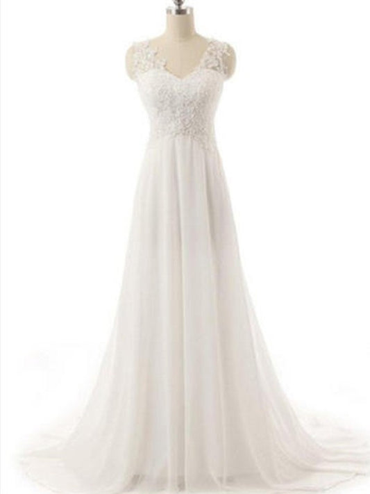 A-Line/Princess V-neck Sleeveless Sweep/Brush Train Lace Chiffon Wedding Dresses HEP0006310