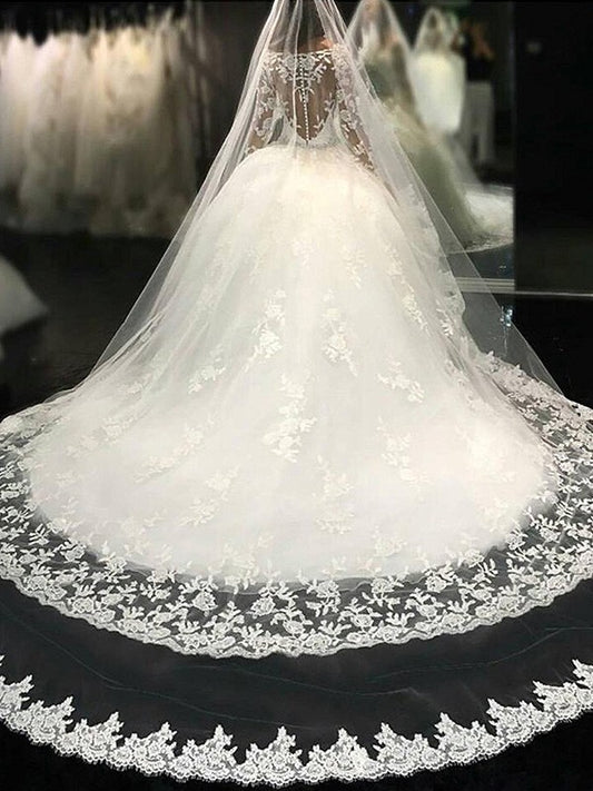Ball Gown Scoop Long Sleeves Lace Cathedral Train Applique Tulle Wedding Dresses HEP0006293