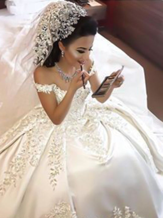 Ball Gown Off-the-Shoulder Sleeveless Sweep/Brush Train Applique Satin Wedding Dresses HEP0006460