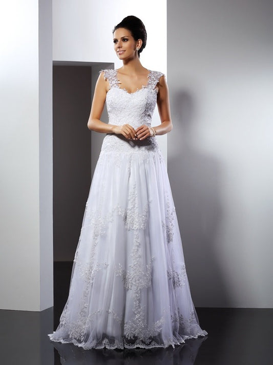 A-Line/Princess Straps Applique Sleeveless Long Lace Wedding Dresses HEP0006277