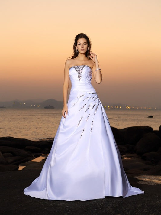 A-Line/Princess Strapless Beading Sleeveless Long Satin Beach Wedding Dresses HEP0006291