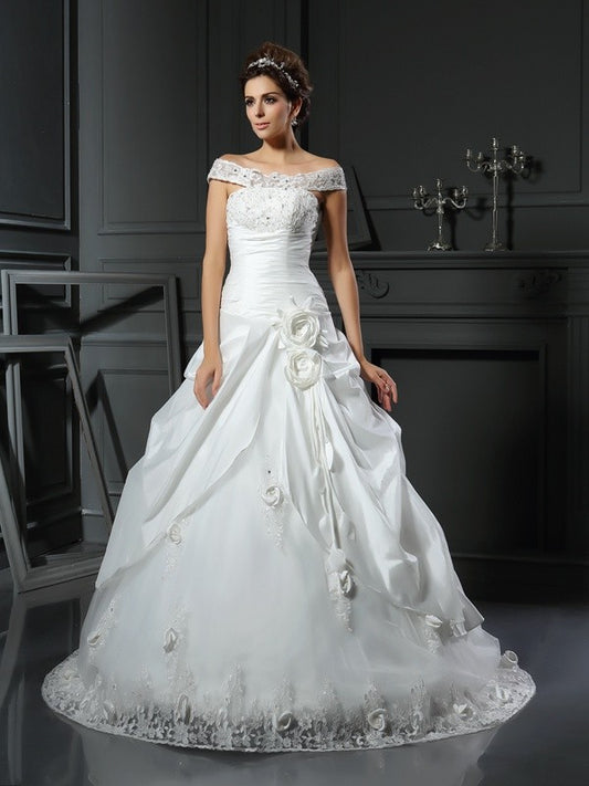 Ball Gown Off-the-Shoulder Hand-Made Flower Sleeveless Long Satin Wedding Dresses HEP0006478