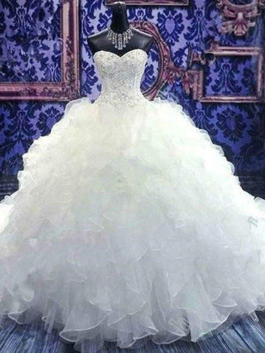 Ball Gown Sleeveless Sweetheart Chapel Train Beading Sequin Organza Wedding Dresses HEP0005896