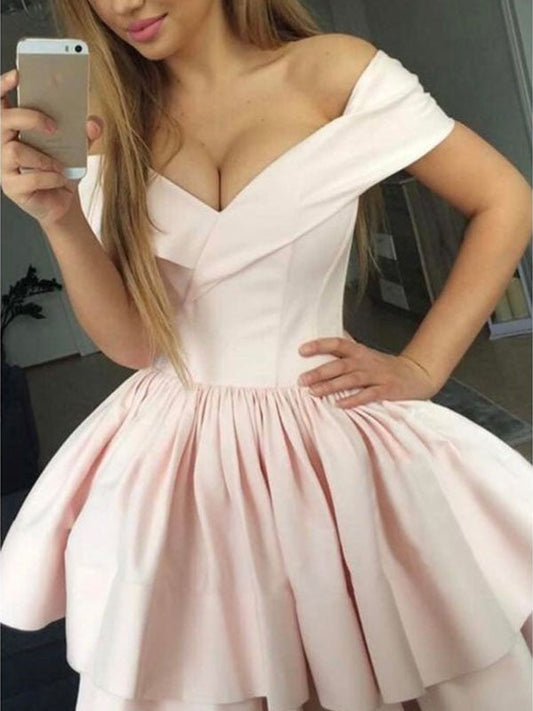 A-Line/Princess Sleeveless Ruched Off-The-Shoulder Short/Mini Homecoming Dresses Kailee Satin Dresses