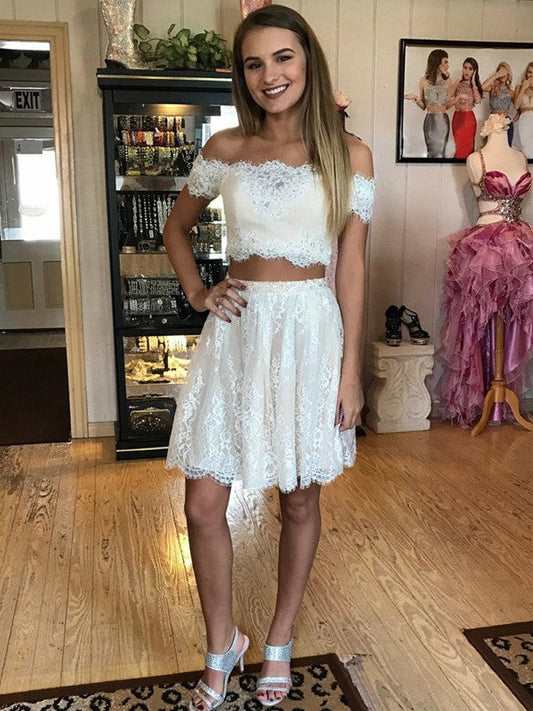Breanna Lace Homecoming Dresses A-Line/Princess Off-The-Shoulder Sleeveless Short/Mini Two Piece Dresses