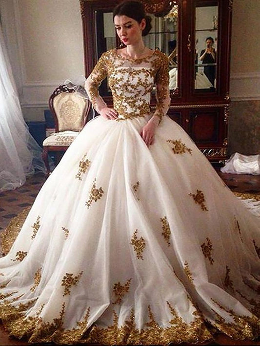 Ball Gown Court Train Scoop Long Sleeves Tulle Wedding Dresses HEP0006472