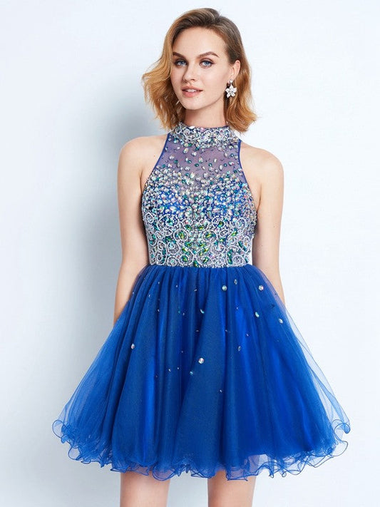 A-Line/Princess High Neck Ruffles Sleeveless Homecoming Dresses Audrey Short/Mini Net Dress