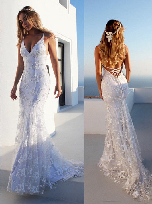 Trumpet/Mermaid Spaghetti Straps Sleeveless Lace Court Train Wedding Dresses HEP0005890