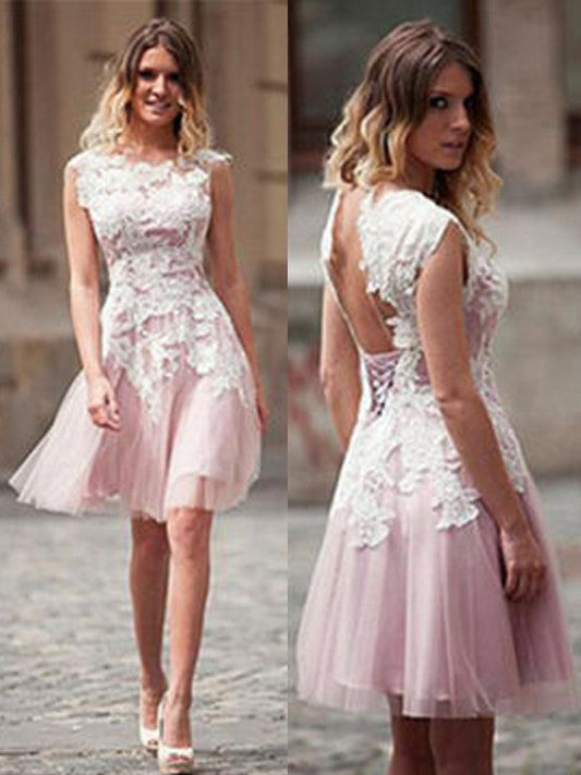 A-Line/Princess Sleeveless Homecoming Dresses Elaina Scoop Applique Tulle Short/Mini Dresses