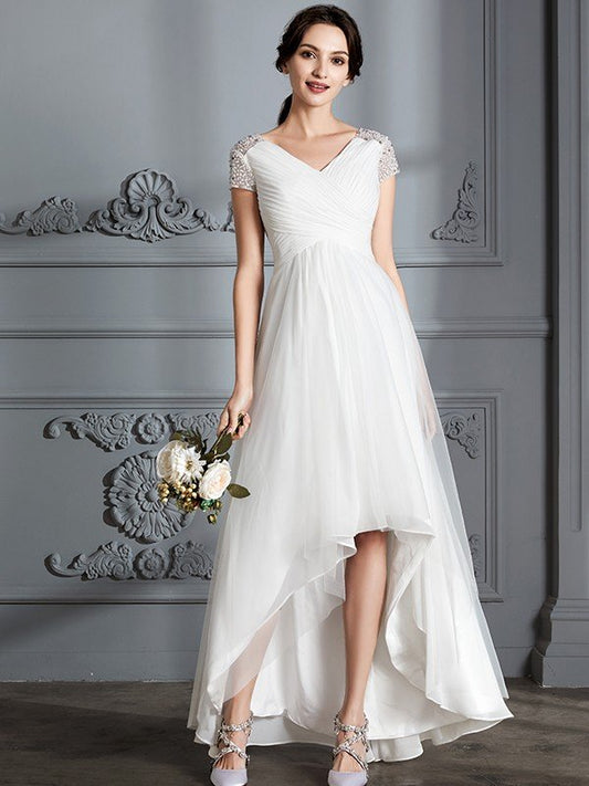 A-Line/Princess V-neck Short Sleeves Asymmetrical Tulle Wedding Dresses HEP0006307