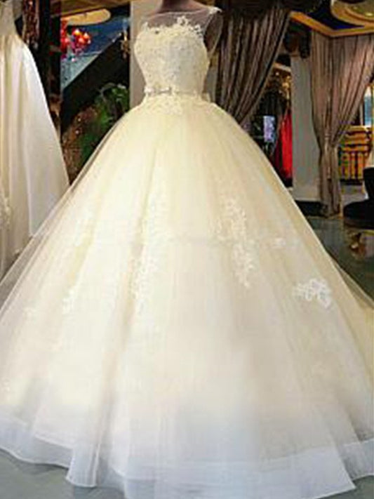 Ball Gown Scoop Cathedral Train Sleeveless Sash/Ribbon/Belt Applique Tulle Wedding Dresses HEP0006479