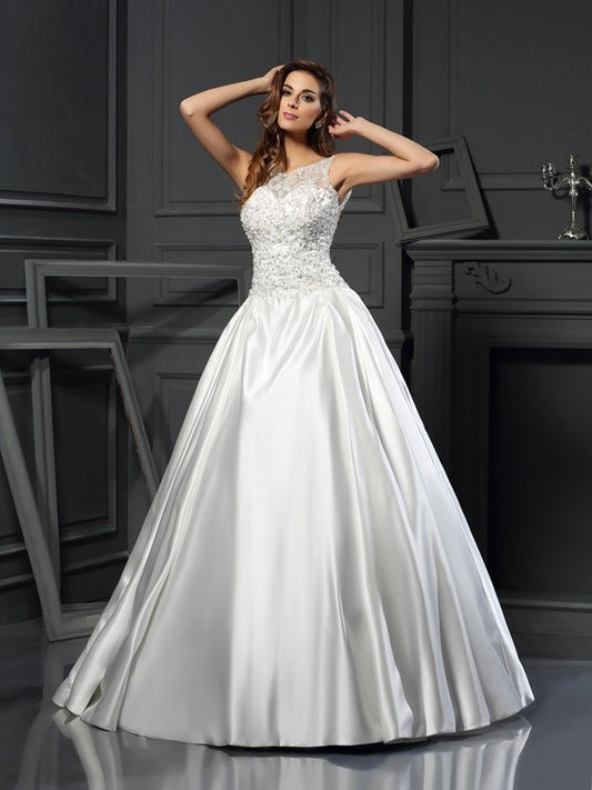Ball Gown Scoop Applique Sleeveless Long Satin Wedding Dresses HEP0006457