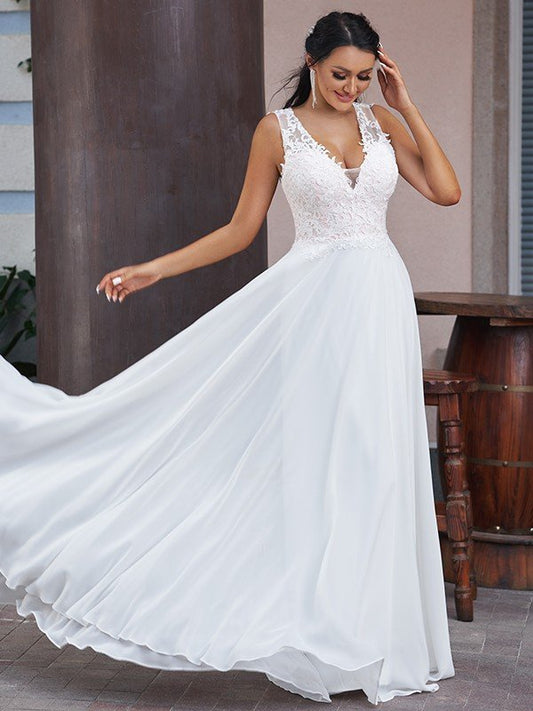 A-Line/Princess Chiffon Lace V-neck Sleeveless Sweep/Brush Train Wedding Dresses HEP0005903