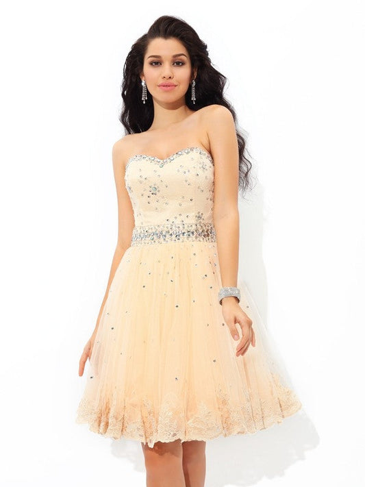 A-Line/Princess Sweetheart Homecoming Dresses Saniyah Satin Cocktail Beading Sleeveless Short Dresses