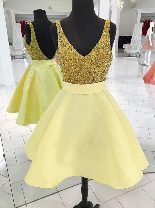 A-Line V-Neck Cut Short With Beading Homecoming Dresses Naomi Satin Yellow