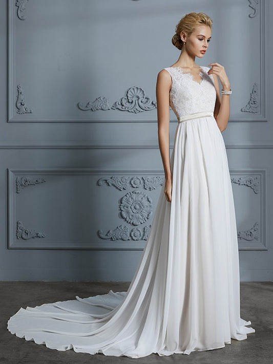 A-Line/Princess Sleeveless V-neck Chiffon Court Train Wedding Dresses HEP0006288