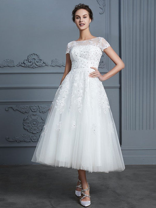 A-Line/Princess Scoop Short Sleeves Tea-Length Beading Tulle Wedding Dresses HEP0006474