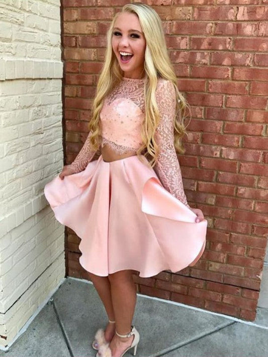 A-Line/Princess Long Satin Cailyn Lace Homecoming Dresses Sleeves Sheer Neck Short/Mini Two Piece Dresses