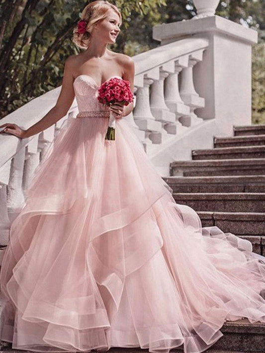 Ball Gown Sweetheart Sleeveless Court Train Layers Organza Wedding Dresses HEP0006467
