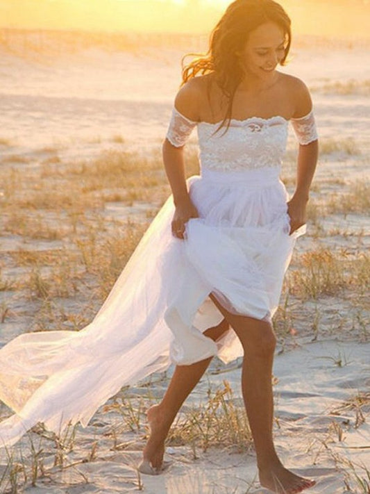 A-Line/Princess Chiffon Sleeveless Off-the-Shoulder Lace Floor-Length Wedding Dresses HEP0006276