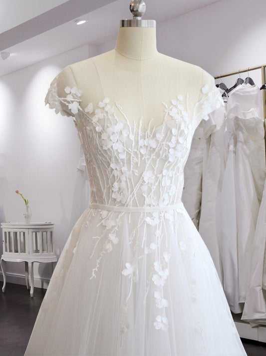A-Line/Princess V-neck Court Train Short Sleeves Applique Tulle Wedding Dresses HEP0006488
