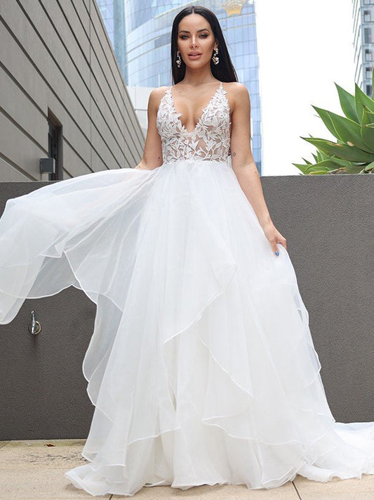 A-Line/Princess Lace Ruffles V-neck Sleeveless Sweep/Brush Train Wedding Dresses HEP0005904